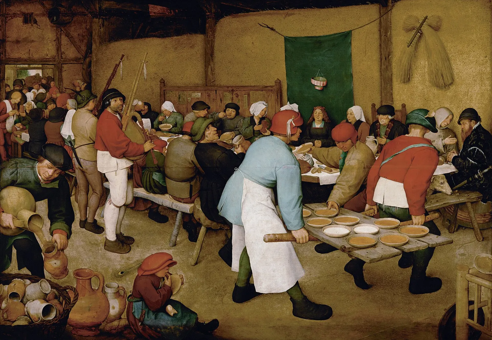 Casamento camponês, de Pieter Bruegel, o Velho, cerca de 1567. Cena de ajuntamento popular tardia, usada como atmosfera de convívio, não como retrato de uma feira medieval.