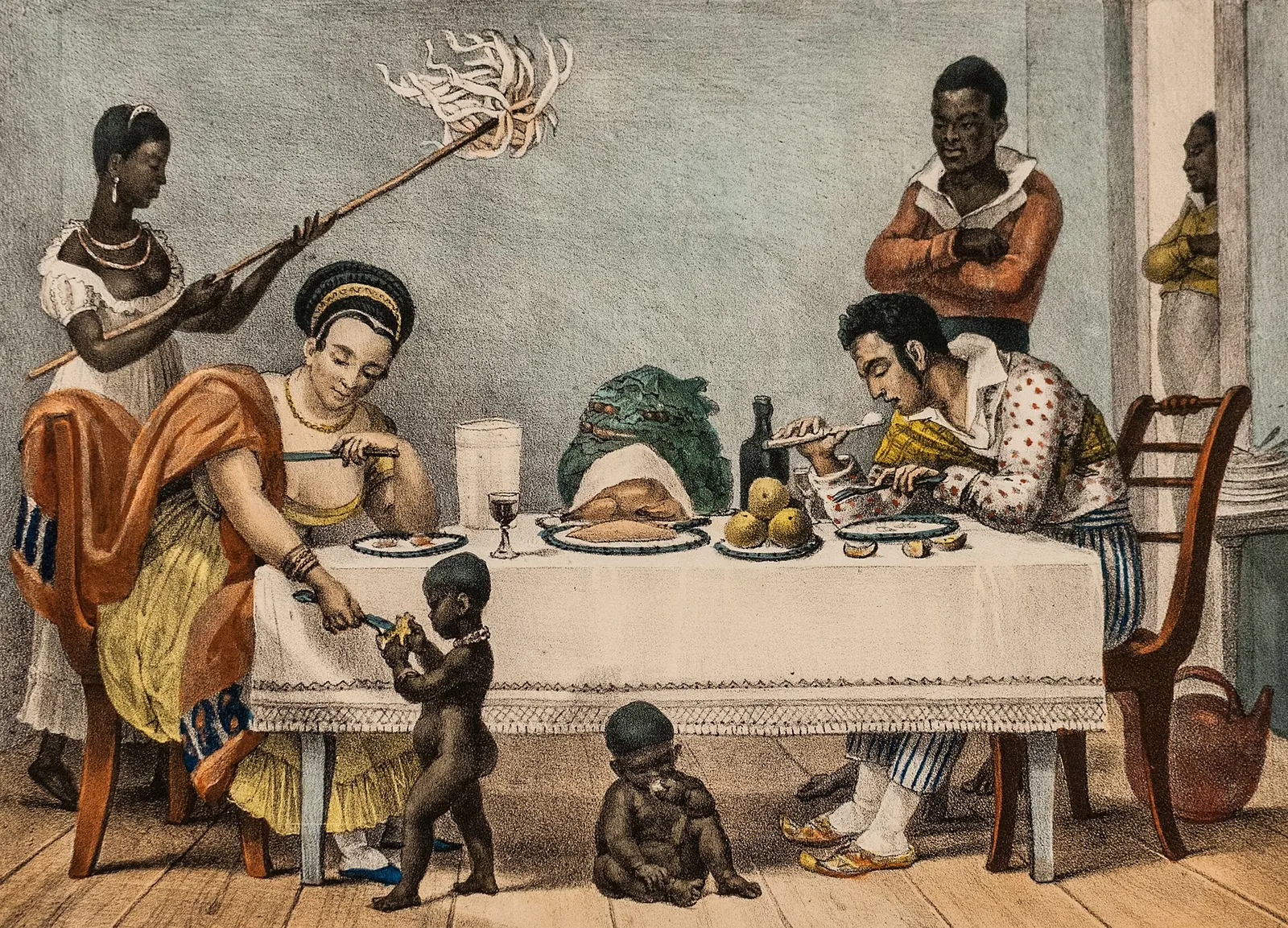 Jean-Baptiste Debret, um jantar brasileiro, com pratos servidos em casa oitocentista.