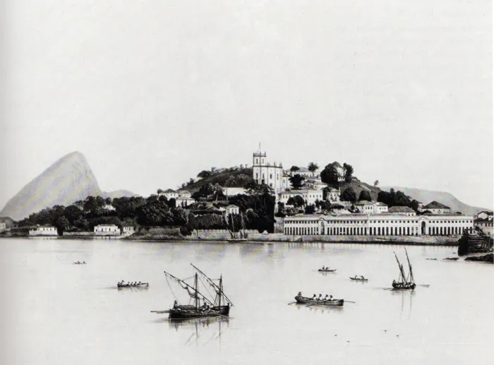 Uma rua do Rio de Janeiro em 1856, fotografia de Victor Frond. Documento visual de via pública oitocentista, contemporâneo dos debates europeus sobre limpeza urbana.