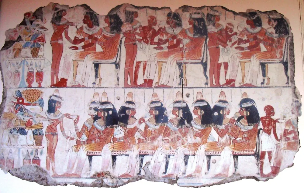 Cena de banquete no túmulo de Nebamun, Tebas, cerca de 1350 a.C., hoje no British Museum.
