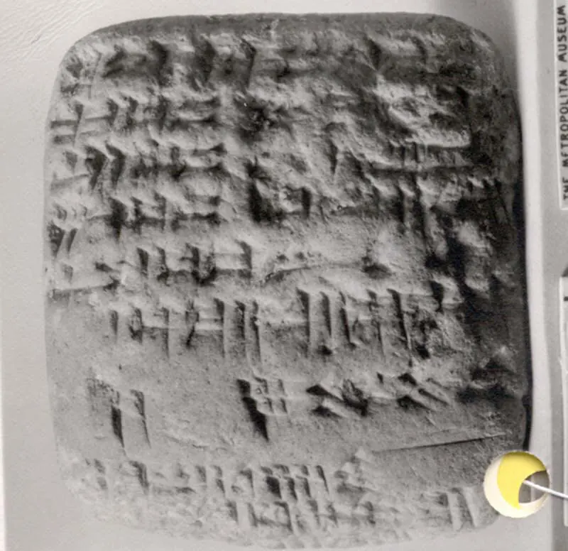 Tabuleta cuneiforme administrativa com distribuição de cevada e impressão de cilindro, Metropolitan Museum.