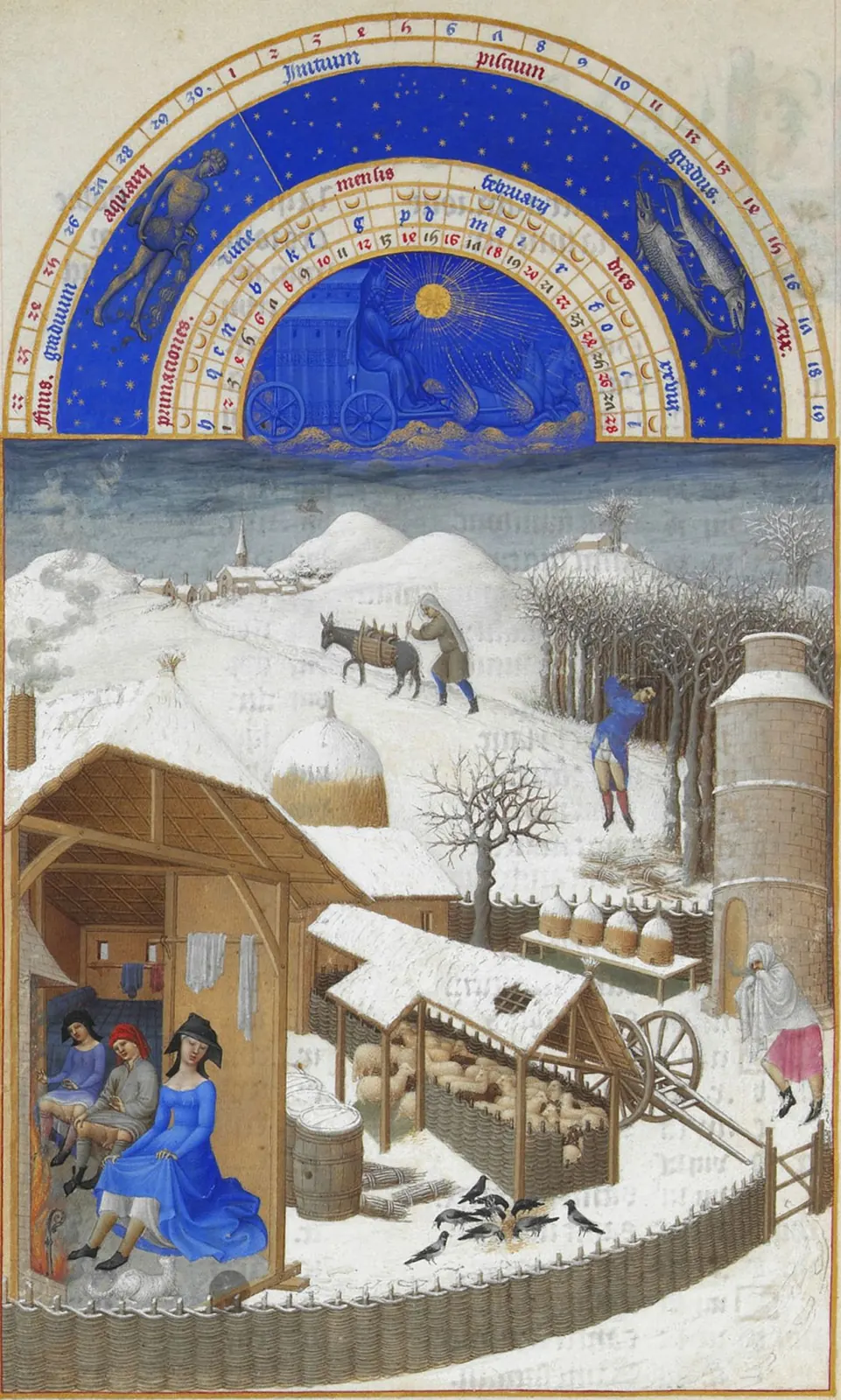 Miniatura de fevereiro nas Très Riches Heures, com camponeses junto ao fogo e neve.