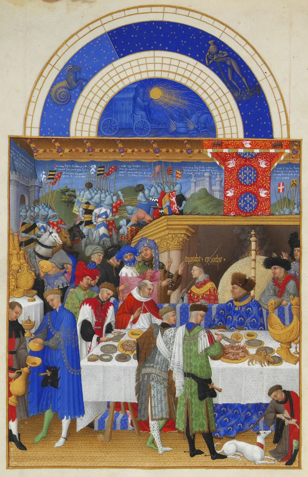 Miniatura de janeiro nas Très Riches Heures du duc de Berry, com banquete senhorial.
